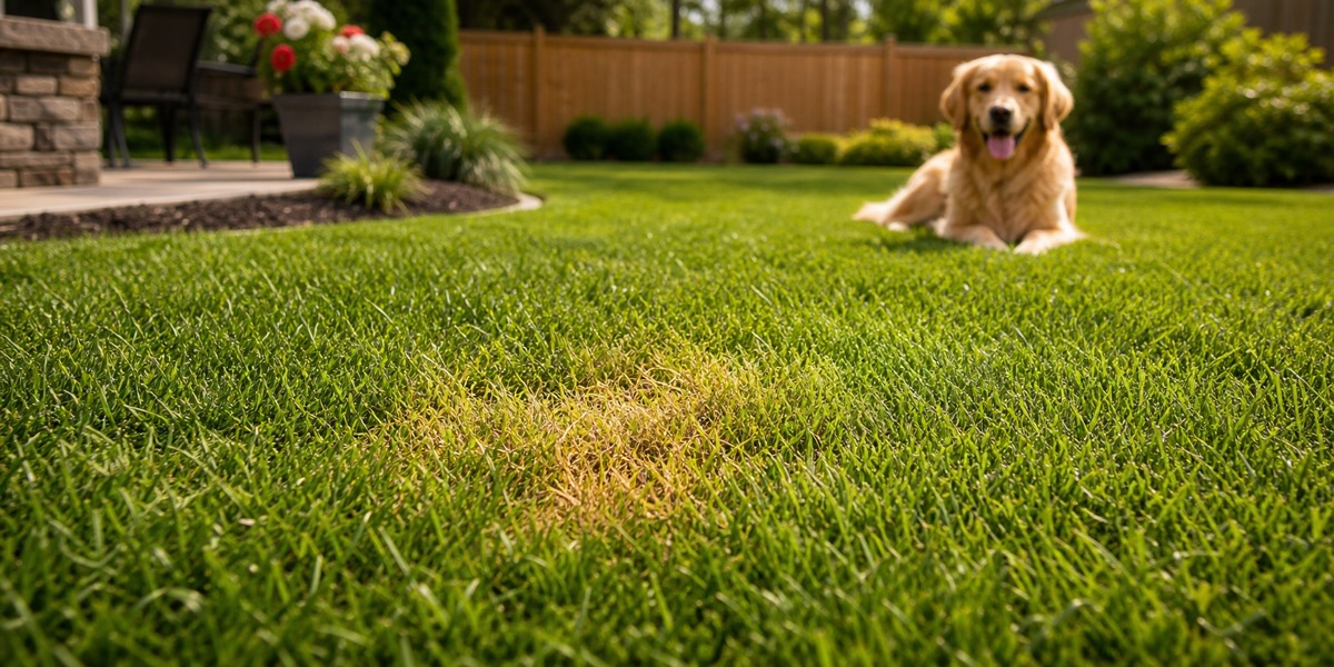 Dog urine spot on a green backyard lawn