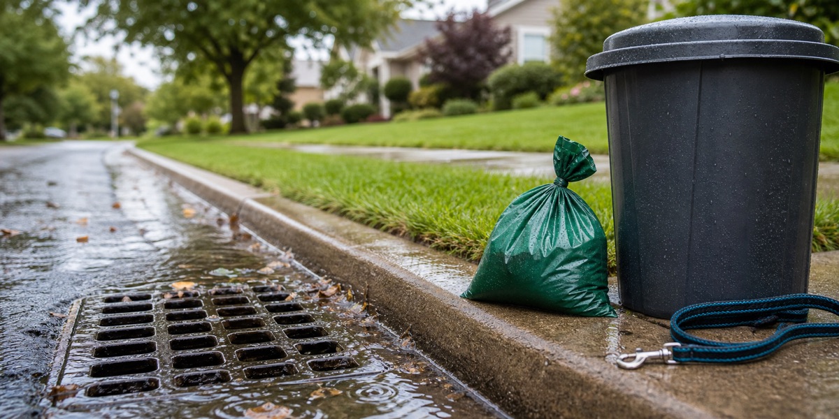 Residential storm drain near a clean lawn after rain