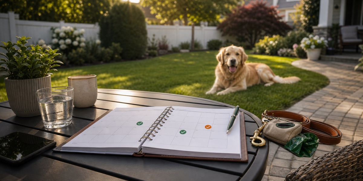 Dog owner service calendar beside a clean lawn
