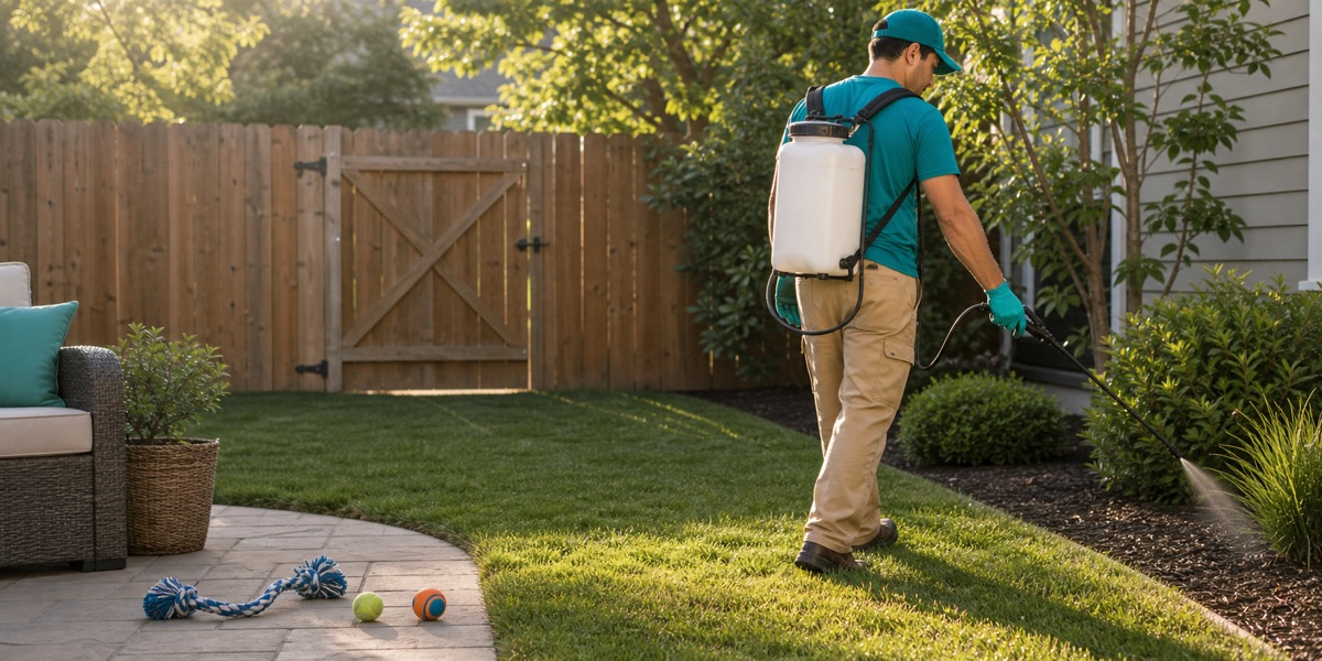 Pet-safe sanitizing treatment in a clean backyard