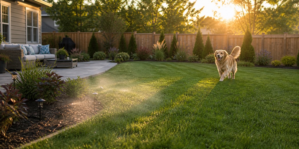 Clean backyard lawn after odor control treatment